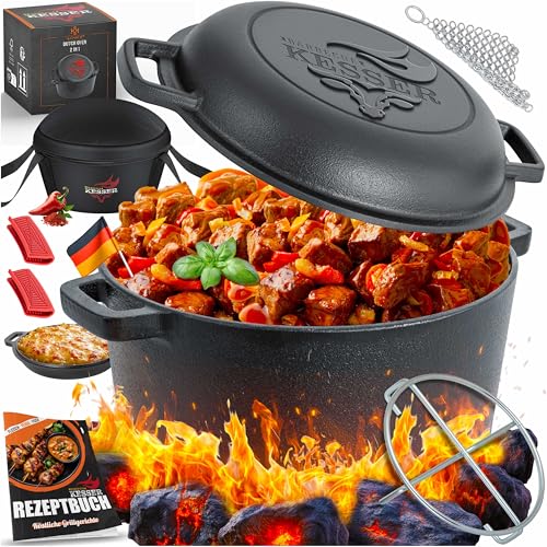 KESSER® Dutch Oven 2in1 Gusseisen Topf 4,8L und Pfanne 1,8L einsatzfertig eingebrannt Inkl. Kochbuch Schmortopf Doppelfunktion Deckel/Bratpfanne für Küche Camping Garten BBQ Backen Gasgrill, Schwarz