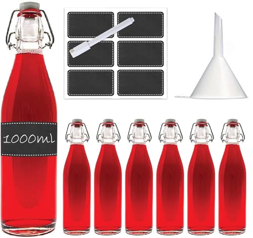 Bügelflasche Bügelverschlussflasche leere Glasflasche mit Bügelverschluss Weinflasche Schnapsflasche Essig Öl Glasflaschen von slkfactory- 6 x 1000ml, durchsichtig