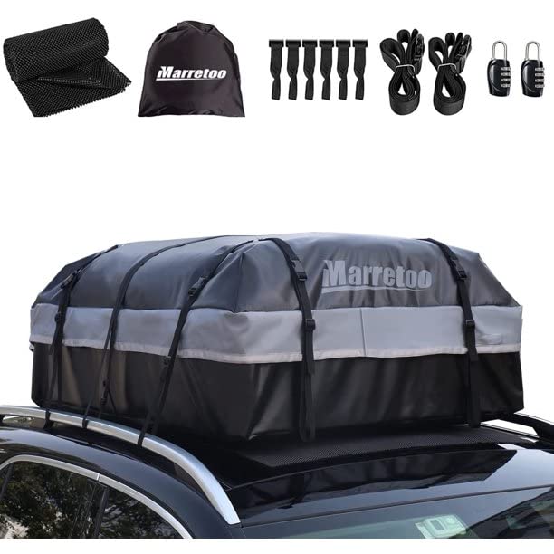 Marretoo 21 Kubikfuß Auto Dachbox Faltbare Wasserdicht Dachtasche Gepäckbox Tasche Aufbewahrungsbox mit a Antirutschmatte, für Fahrzeuge mit/ohne Gepäckträger Gepäcktransport, Vans, SUVs, Black