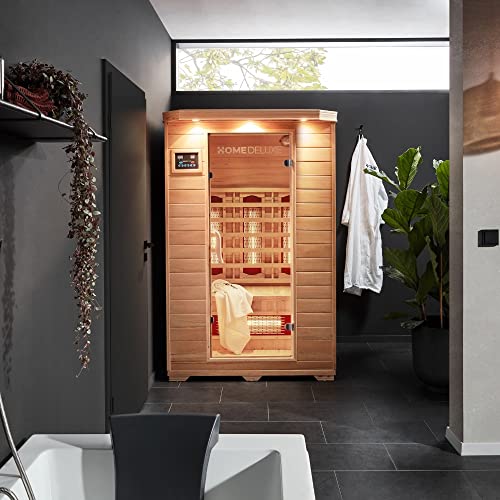 Home Deluxe – Infrarotkabine REDSUN M VSS - 120 x 105 x 190 cm - für 2 Personen, 6 Vollspektrumstrahler, Holz: Hemlocktanne I Infrarotsauna, Sauna, Wärmekabine, Infrarot