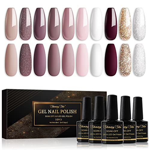 Shining She UV Nagellack,10 Farben Gel Nagellack Nude Rosa Braun Glitzer Gold Weiß,Schellack Soak-Off UV Gel Nail Polish Starter Set für Frauen Nail Salon DIY, 8ML