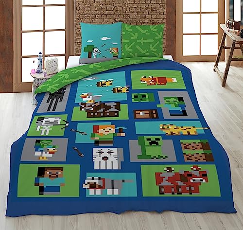 Minecraft Wende Bettwäsche-Set für Jungen 135x200 80x80 cm · Bettwäsche in Polycotton Qualität mit Reißverschluss · grün Gaming Motiv mit Pixel Schwert Blöcke Spitzhacke Tiere Muster