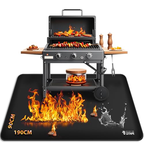 Feuerfeste Unterlage, Grillmatte - 190x90cm Faltbare Hitzeschutzmatte, Bodenschutz Grillunterlage, Silikon-Glasfaser Wasserbeständige Grillmatte für BBQ Grills, Boden, Kamin, Rasen und Camping