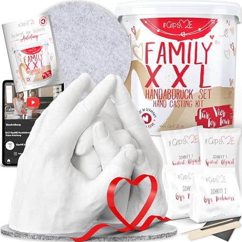 GipsME XXL 3D Handabdruck Set Familie Gipsabdruck für 4 Hände + Sockel Made in Germany - Premium Familien Gipsabdruck-Set - Familien Geschenke - Personalisierte Geschenke - Handabdruck Set + Video