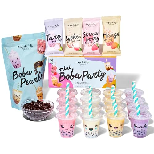 Thoughtfully Gourmet, Mini Boba Party Set, Geschenkset für 16 Portionen Bubble Tea, mit 4 Geschmacksrichtungen, Boba-Perlen, Bechern, Deckeln und Strohhalmen