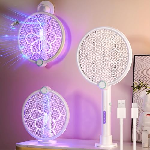 XUNIVERS Elektrische Fliegenklatsche,2 in 1 Elektrische Fliegenklatsche & 4000V Insektenvernichter mit Ladestation,Tragbarer Mückenklatsche und UV Lampe mit Sicherem Netz für Drinnen für Moskitos