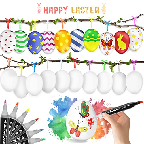 Jusialii Ostereier zum Aufhängen, 24pcs Ostereier Bemalen, Ostern Basteln Kinder und 6 Graffiti Stifte Set, Ideal Osterdeko für Draußen | Ostereier Plastik | Eier zum Bemalen für Osterdekoration