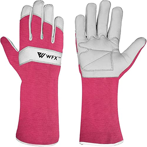 WFX Lange Gartenhandschuhe aus Leder für Damen, Herren, Damen, langlebig, Ziegenleder, Gartenhandschuhe, Unterarmschutz, dornensicher, Gärtnerarbeit, Rosenbeschneide, Geschenk (Rosa, M)
