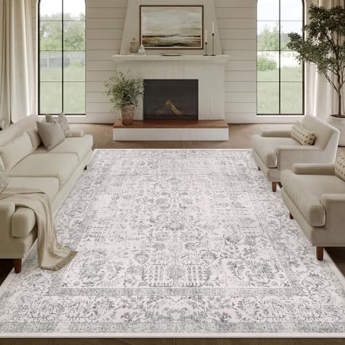 HUGEAR Grau Bereich Teppich 240x300 Indoor Vintage Wohnzimmer Teppich Waschbar Distressed Teppich Grau Floral Schlafzimmer Teppich Retro Akzent Wurf Teppich für Büro Esszimmer Kinderzimmer