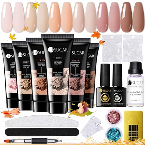 UR SUGAR Poly Gel Nägel Set, Nagelverlängerung Builder Kit 6 Farben Polygel Farben Tube mit Base Top Coat Slip Lösung Nude Kaffee Extension Maniküre Set DIY at Home