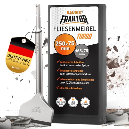 BAURIX® Fliesenmeißel SDS Plus Meißel [250x75 mm] I FRAKTOR®-System - Mühelos Fliesen entfernen I Abgewinkelter Flachmeißel breit für Fliesen und Fliesenkleber I 42CrMo-Spezialstahl
