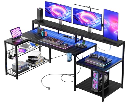 Bestier Gaming Tisch, 181x80 cm Schreibtisch mit LED-Leuchten, L-förmiger Schreibtische mit 3 AC-Steckdosen und 2 USB Ladeanschluss, Computertisch mit großzügiger Monitorablage, Kohlefaser Schwarz