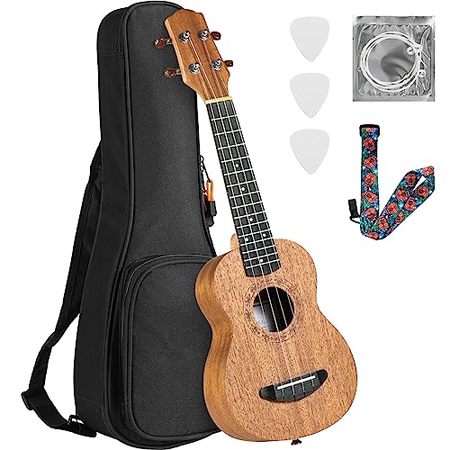 Ukulele Kinder Erwachsene Anfänger, 21 Zoll Sopran Ukulele Handcraft, Mahagoni Holz Hawaii Gitarre mit Saiten Gurt Plektren Professioneller Gigbag, Kleine Instrument Kindergitarre ab 6 jahre, Braun