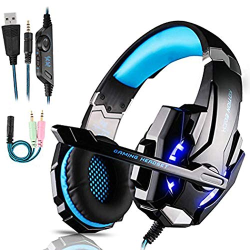 FUNINGEEK Gaming Headset für PS4 PC Xbox One, Professional Kopfhörer mit Mikrofon für Laptop/Mac/Tablet/Smartphone mit LED Licht 3.5mm Surround Sound Noise Cancelling (Blau)