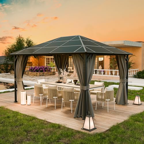 UDPATIO 3x4 m Pavillon Polycarbonat mit Vorhängen, Wetterbeständige Legierungen-Gartenpavillon wasserdicht stabil Winterfest UV-Schutz 6x6 cm starken Pfosten für Garten, Terrasse, Grau