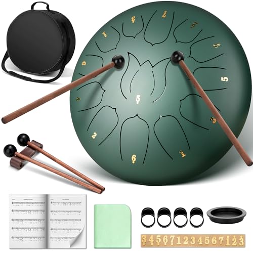 CAHAYA Steel Tongue Drum 12 Zoll 13 Töne: Zungentrommel Schlagzeug Anfänger, Handpan mit Notenbuch, Trommelstöcken, Steel Pan Töne Drum Schlaginstrument für Meditation Yoga, Malachit CY00374-1