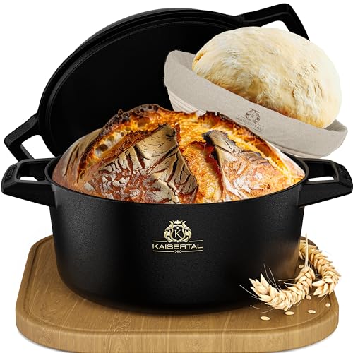 KAISERTAL 26cm Gusseisen Topf Brot Backen + Gärkorb - Eingebrannte Brotbackform mit Deckel - Brottopf zum Backen - Brotbacktopf, Brotbackset, Gusseisentopf Brotbacken, Brot Backen Zubehör, Brotform