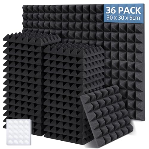 Ohuhu Akustikschaumstoff Akustikpaneele 36 Stück mit Aufkleber, 30 x 30 x 5 cm Pyramidenplatten Schallschutz Wand Schallschutzplatten Schalldämmung für Tonstudio Podcasts Youtube-Zimmer, Anthrazit