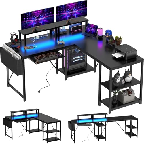 Flamaker Gaming Tisch l Form 140 x 140 cm, Gaming Tisch mit led Reversible Eckschreibtisch mit Monitor Ständer & Ablagefach, Gaming Schreibtisch für Home Office (Kohlefaser Schwarz)