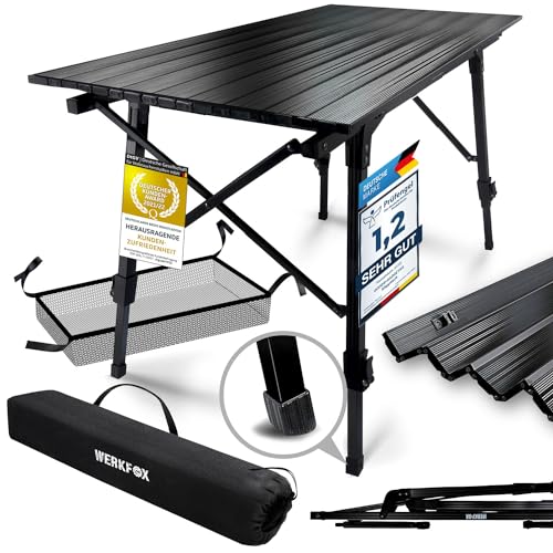 Werkfox Camping-Tisch Klapptisch Klappbarer Multifunktionstisch Mehrzwecktisch; Höhenverstellbarer Falttisch mit aufrollbarer Tischplatte (90x51cm) & Tragetasche; belastbar bis 30kg