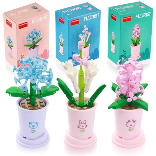 FIHODONE 3 Stück Blumen Sukkulenten Bonsai Baustein Set,Pflanzen Klemmbausteine Blumen,Blumen Bausteine Mädchen,Mini Flowers Botanische Deko,Room Decor Heimdekoration