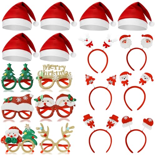 JOYEONDEF 18 Stück Weihnachten Accessoires, 6 Stück Haarreifen Weihnachten, 6 Stück Weihnachtsmützen, 6 Stücke Weihnachten Brillen Rahmen, Lustig Weihnachtsbrillen, Weihnachten Party Dekoration