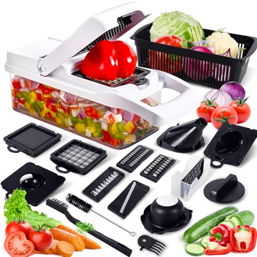 XUNIVERS Gemüseschneider,19 In 1 Gemüse Schneider,Gemüsehobel,Vegetable Chopper,Würfelschneider mit 9 Austauschbare Klingen,Gemüsehobel Dicer für Hobeln Von Obst Gemüse, Tomaten, Obst