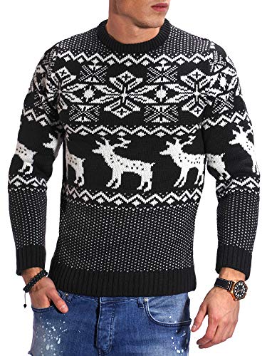 behype. Herren X-Mas Strick-Pullover Weihnachten Norweger Pulli mit Rentieren Sweatshirt 40-0184 Schwarz XL