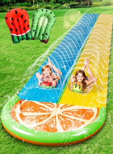 Sloosh 22,5ft/685,8cm Wasserrutsche mit 2 aufblasbaren Boards, doppelte Rasen-Wasserrutsche mit fortschrittlichen Sprinklern, Sommerspielzeug für Kinder und Erwachsene, Spaß im Garten, Orange