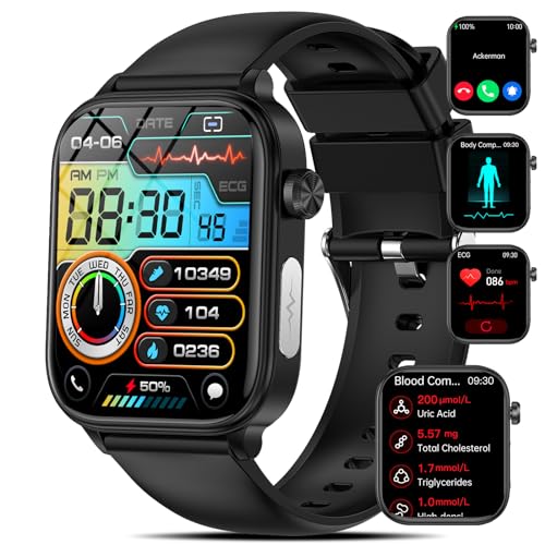 Marsyu Smartwatch EKG+HRV PPG ΒΙυτｚυcker 1,96' Fitnessuhr mit Telefonfunktion/24H Blutfett Harnsäure Körperfett Herzfrequenz Körpertemperatur Blutdruckmessung SOS-Notruf Gesundheitsuhr für Android/iOS