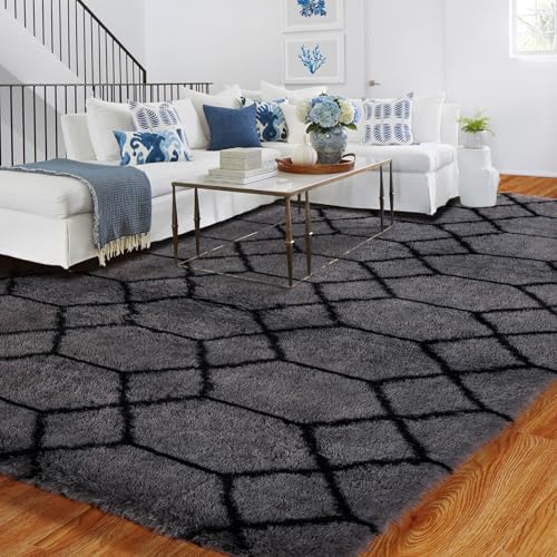 BYBSRLL Hochflor Teppich Grau und Schwarz Teppiche Wohnzimmer 240x300 Antirutsch Waschbare Große Weich Flauschig Schlafzimmer Teppich Kinderzimmer Mädchen Jungen, Langflor Bettvorleger