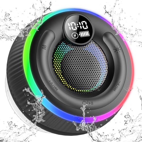 POMUIC Tragbare Bluetooth Lautsprecher, Duschlautsprecher Bluetooth Wasserfest IPX7, Lautsprecher Boxen Mit Saugnapf, Musikbox Bluetooth Mit Licht, Stereo Duschradio, LED-Anzeige, Freisprechfunktion