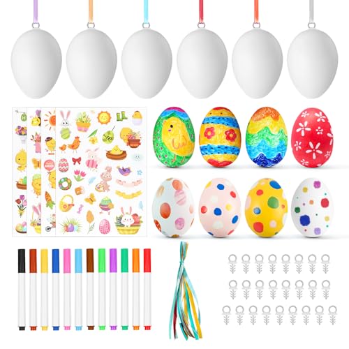 Plastik Ostereier zum Bemalen 25 Stück Deko Ostereier zum Aufhängen Plastikeier zum Bemalen Ostereier Basteln Set für Kinder mit Stiften Seil Haken und Aufkleber Kunststoffeier für Osterdekoration