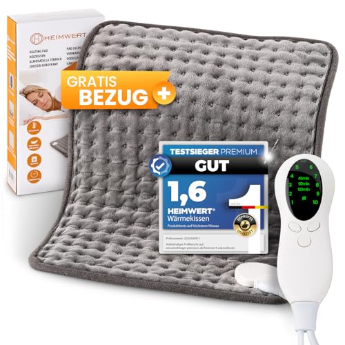 HEIMWERT Wärmekissen Heizkissen mit Abschaltautomatik - Sofortwärme in 10 Stufen bis 100 Watt mit Timer - 30x40 cm ideal für Rücken Schulter Nacken Bauch I elektrisches Wärme Kissen heating pad Grau