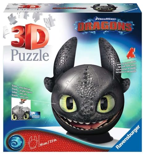 Ravensburger 3D Puzzle 11145 - Puzzle-Ball Dragons Ohnezahn mit Ohren - Puzzleball für Fans von Drachenzähmen leicht gemacht - Geschenkidee für Kinder ab 6 Jahren