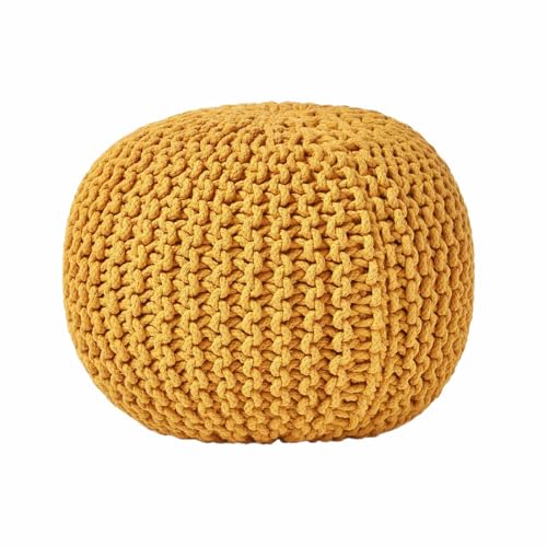 Homescapes Pouf Strickpouf rundes Bodenkissen, Sitzpouf 35 x 40 cm, gepolsterter Sitzhocker, Sitzpuff/Puff mit grob gestricktem Bezug aus 100% Baumwolle, Strickpuff, Senf