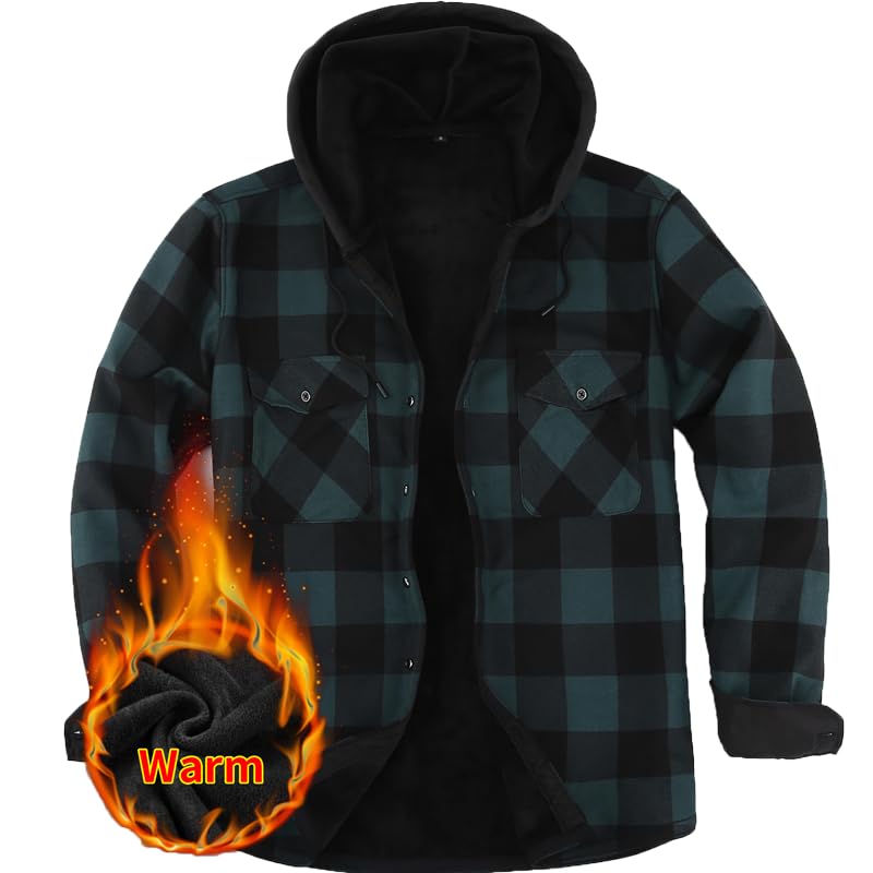 Iris Sprite Hemdjacke Herren Kapuze Kariert Wattiert Jacke Holzfällerhemd Herren Hemden Frühling und Herbst Thermohemd Herren (Grün, L)