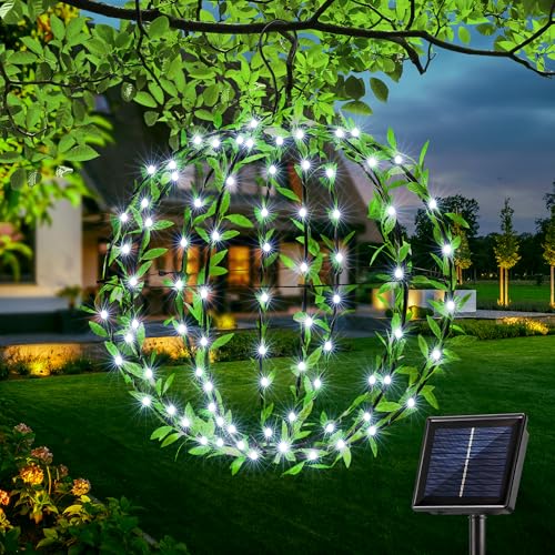 Joomer 120 LED Solar Kugel Außen 30cm Hängende Leuchtkugel Grünem Blatt Faltbar Metall Lichtkugel Solar Gartenleuchten Outdoor 8 Modi Baum Lichterkette Aussen Timer für Balkon Party Haus(1 Stück,Weiß)