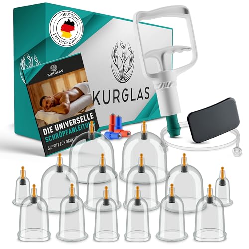 KURGLAS Schröpfgläser mit Vakuumpumpe [14 Stück] - Medizinische Schröpfen mit Therapiemagneten & Faszienschaber - Schröpfset mit e-Book - Schröpfglas aus Kunststoff - Gegen Verspannungen & Cellulite