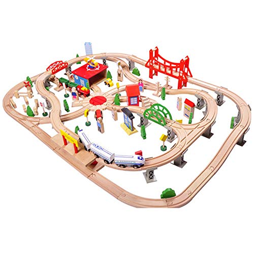 Bandits & Angels Holzeisenbahn-Set 130 Teile mit Bahnhof ab 3 Jahren für Jungen und Mädchen – Eisenbahnset mit 130 Teilen und 2 Holzeisenbahnen – Eisenbahngleise für Kinder mit Zubehör