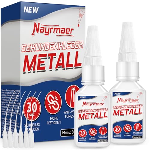 Nayrmaer Metallkleber Extra Stark, 30g*2 Metallkleber Wasserfest Hitzebeständig, Metall kleber mit Anti-Verstopfungskappe zum Verkleben von Metallen aller Art