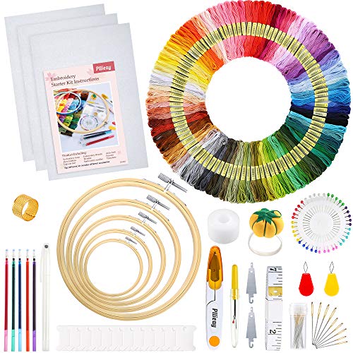 Pllieay Stickerei Starter Set, Stickerei Set, Kreuzstich Starter kit mit Anleitung, 5 Bambus-Stickrollen, 100 farbige Fäden, 3 Aida-Tücher und Kreuzstich-Werkzeug-Set zum Nähen
