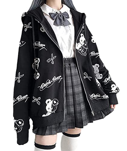 EGSDMNVSQ Damen Anime Kapuzenpullover Japan Kawaii Hoodie E-Girl Streetwear Mädchen Y2K Gothic Sweatshirt Harajuku Pullover