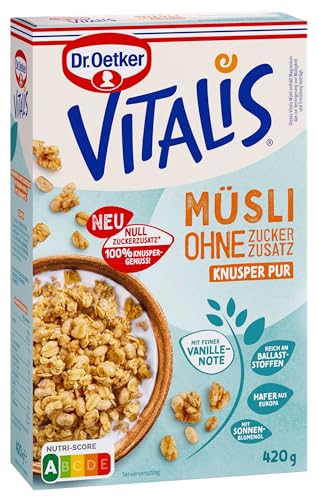 Dr. Oetker Vitalis Müsli ohne Zuckerzusatz Knusper Pur 4er Pack Vitalis Knusper Müsli aus hellem Granola mit feiner Bourbon-Vanillenote (4 x 420g)