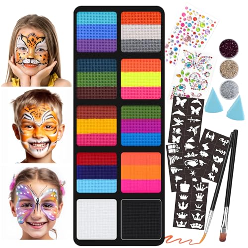 Kinderschminke Set, 10 Farben Kinderschminke Fasching Karneval Schminke für Kinder, Karnevalsschminke Faschingsschminke mit 2 Pinsel, Wasserbasis Gesichtsfarben für Halloween Karneval Fasching