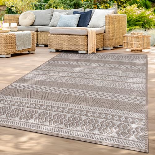 TT Home In-& Outdoor Teppich Wetterfest Balkon Küche Wohnzimmer Boho Rauten Design, Farbe: Beige, Größe:300x400 cm