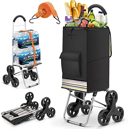 Popolic Einkaufstrolley 75L | Multifunktions Einkaufswagen Treppensteige Tragfähigkeit 50kg | 2 in 1 Treppensteiger Einkaufstrolley mit Verstellbarem Spannseile Grau