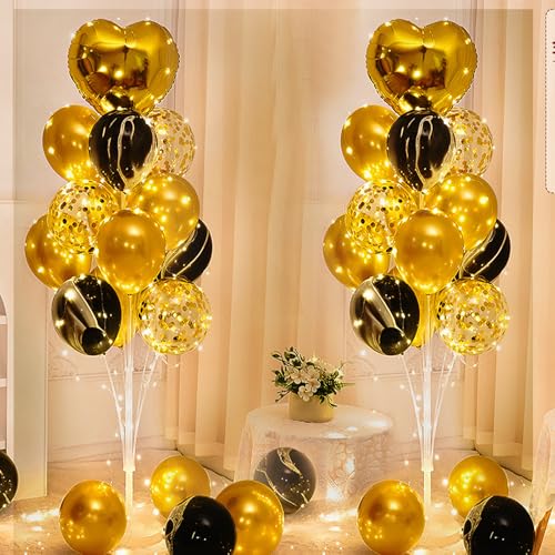 2 Stück Luftballon Ständer Kit, 1.3 m Ballonhalter LED, Ballonständer, Luftballons Halter mit Gold Schwarz Balloon, Wiederverwendbar Luftballonständer für Hochzeit Party Geburtstage Feste Dekoration