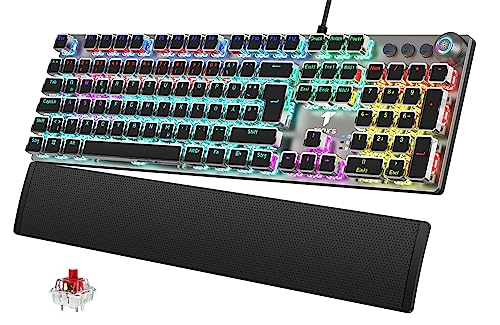 TECURS Mechanische Gaming Tastatur - QWERTZ Mechanical Keyboard mit Magnetische Handgelenkauflage, Multimedia-Tasten, 105 Tasten Kabelgebundene Rote Schalter Tastatur für PC/PS5/PS4, 19 LED Modi