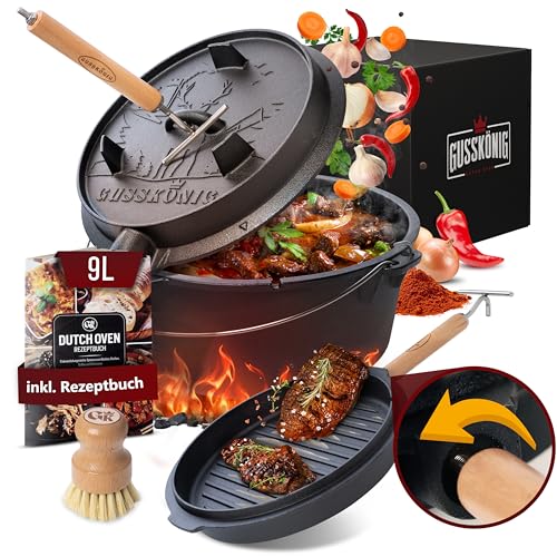 GUSSKÖNIG Dutch Oven Set - Eingebrannter Dutch Oven 9 Liter - Feuertopf Gusseisen mit Füßen - Schmortopf Doppelfunktion - inkl. 2in1 Deckelheber, Bürste & Dutch Oven Rezeptbuch [für 4-7 Personen]